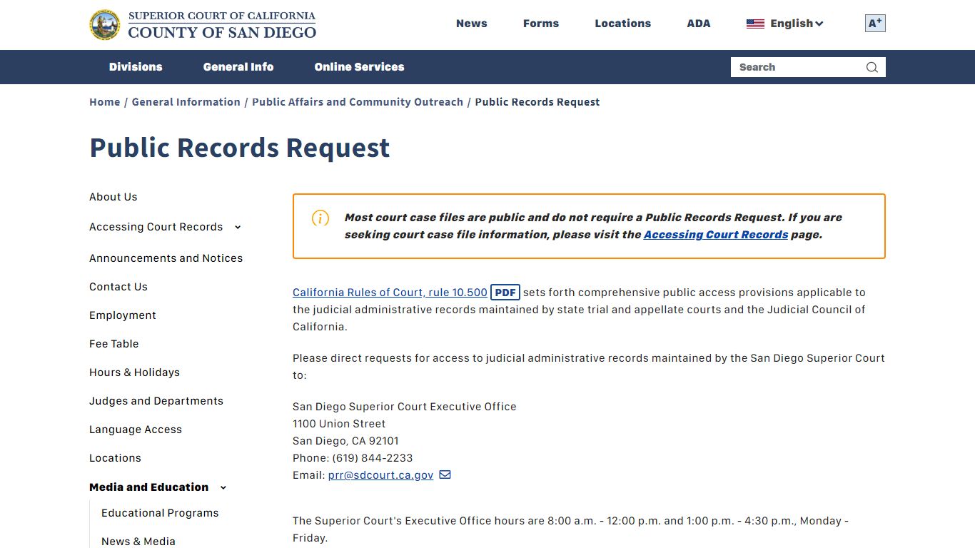 Public Records Request - Superior Court of California - County of San Diego